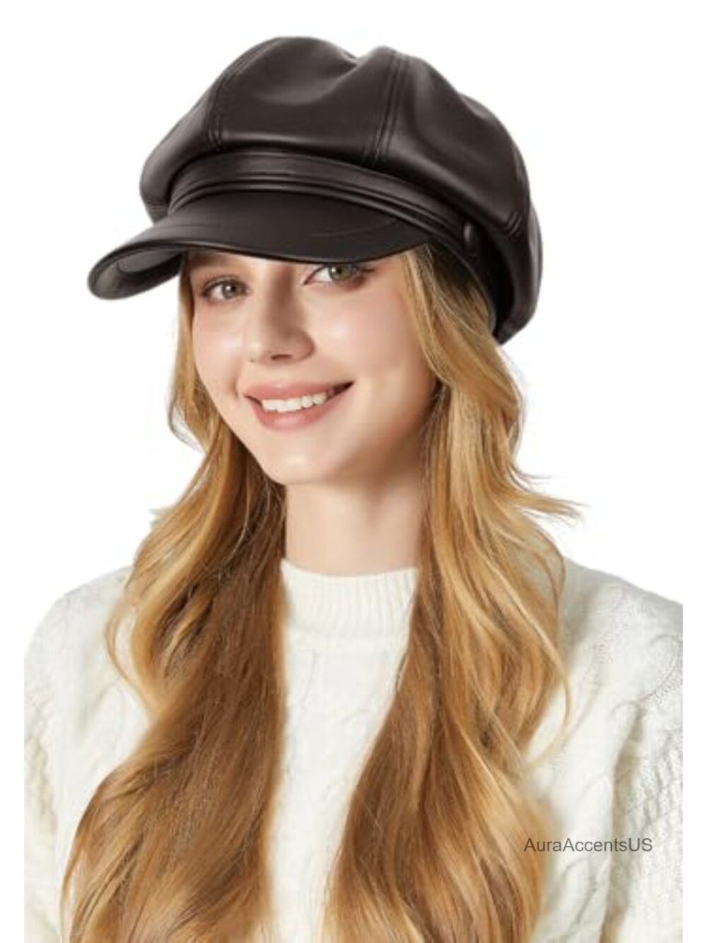 PU Leather Newsboy Hat French Beret Cabbie Cap Adjustable Strap